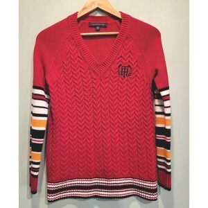 Tommy Hilfiger Red Varsity Stripe Logo V Neck Cableknit  Preppy Sweater XS